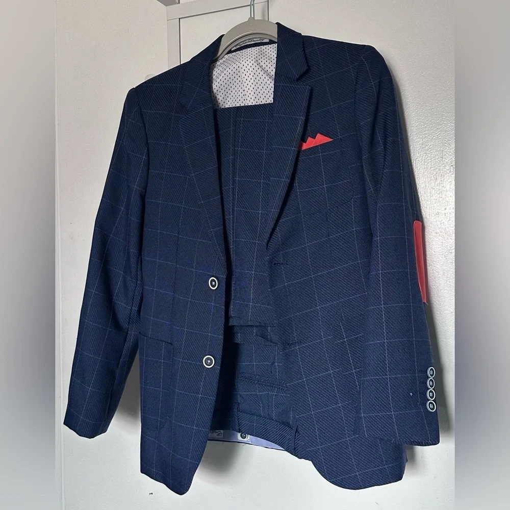 Boys English Laundry Navy & Orange Checkered Suit - Blazer & Pants